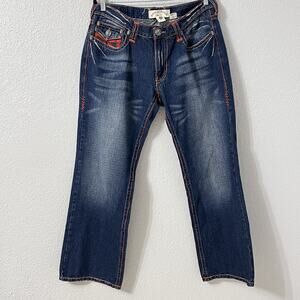 Y2K Laguna Beach Jeans Mens (38X32) Boot Cut Thick Stitch Flap Embroidered